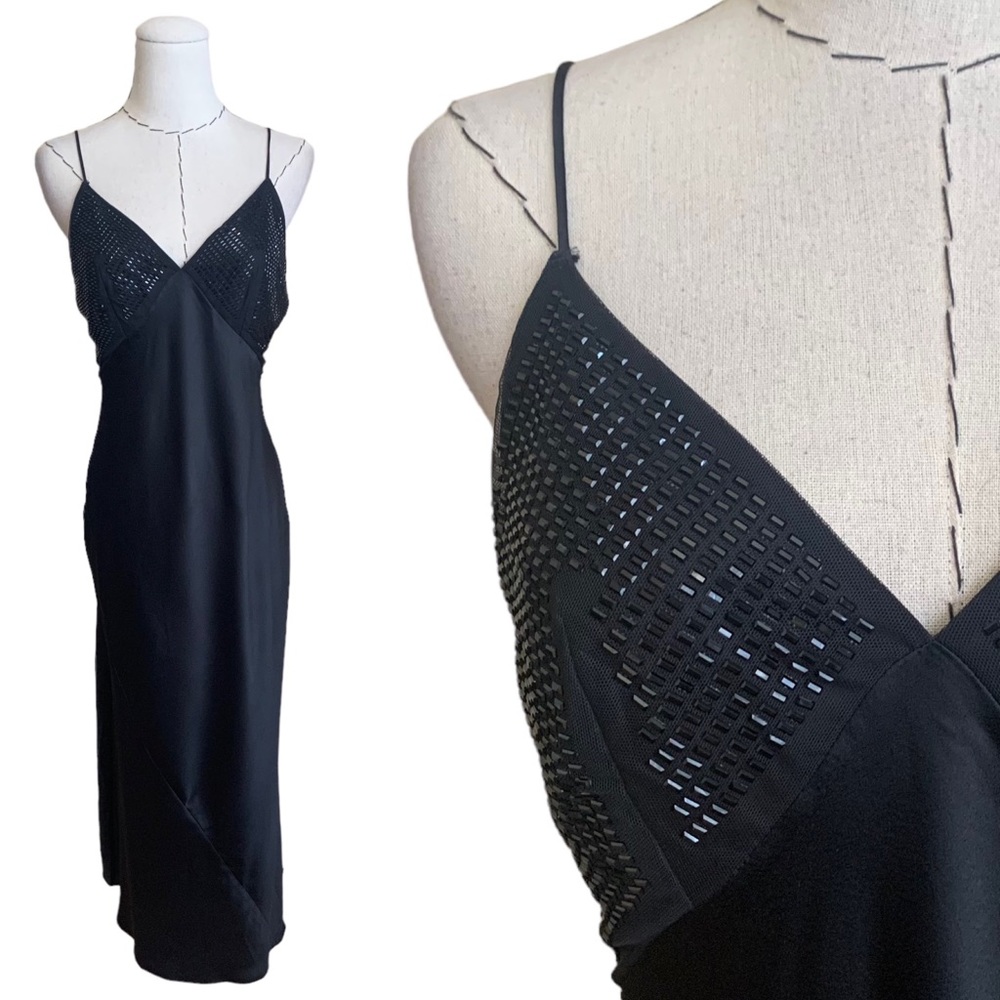 Victorias Secret Black Midi Slip Dress Satin Luxe Rhinestone Bead Embellished